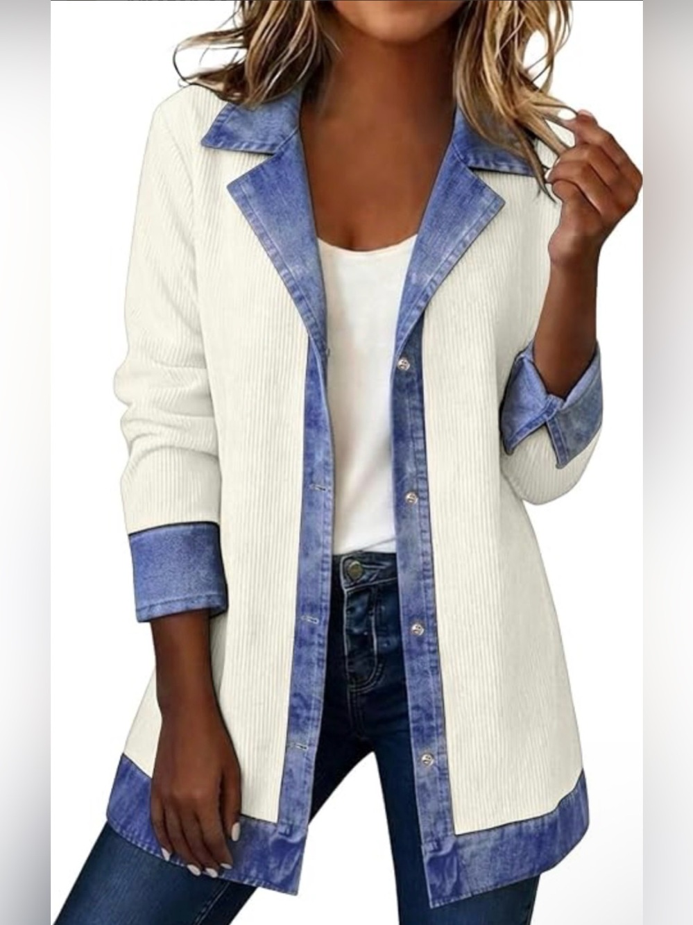 Casual White & Blue Denim-Trim Long Jacket